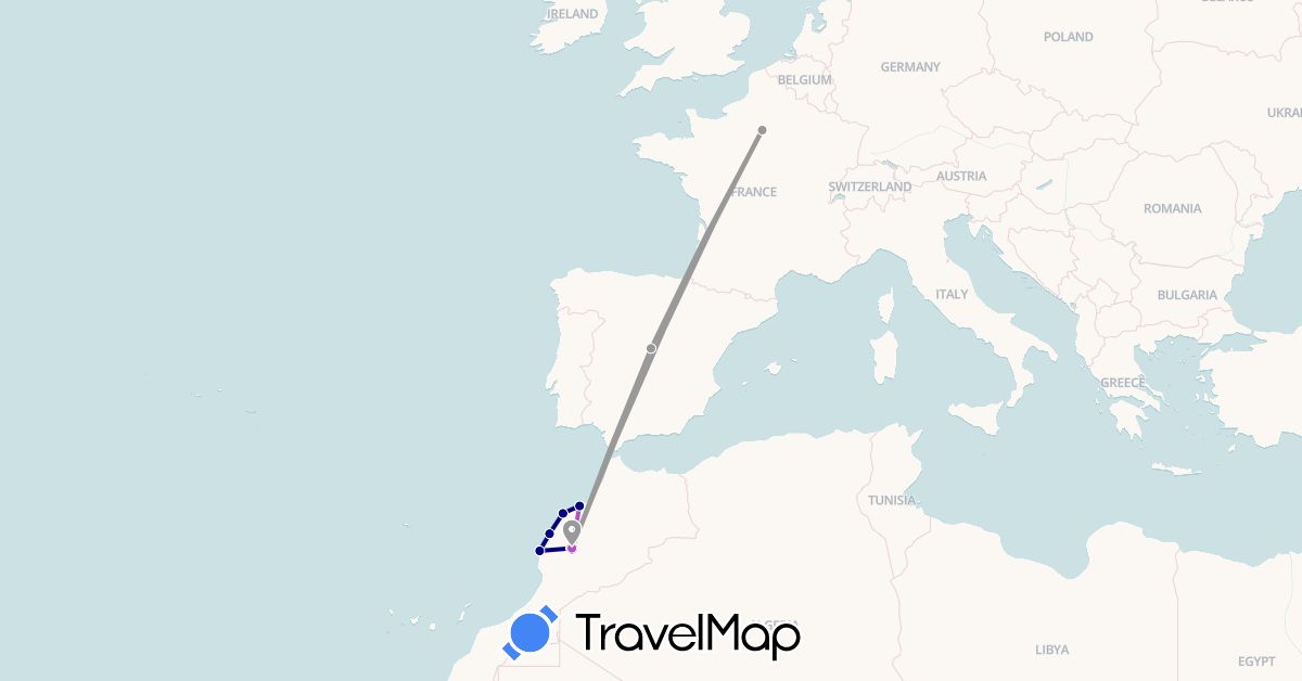 TravelMap itinerary: driving, plane, train in Spain, France, Morocco (Africa, Europe)